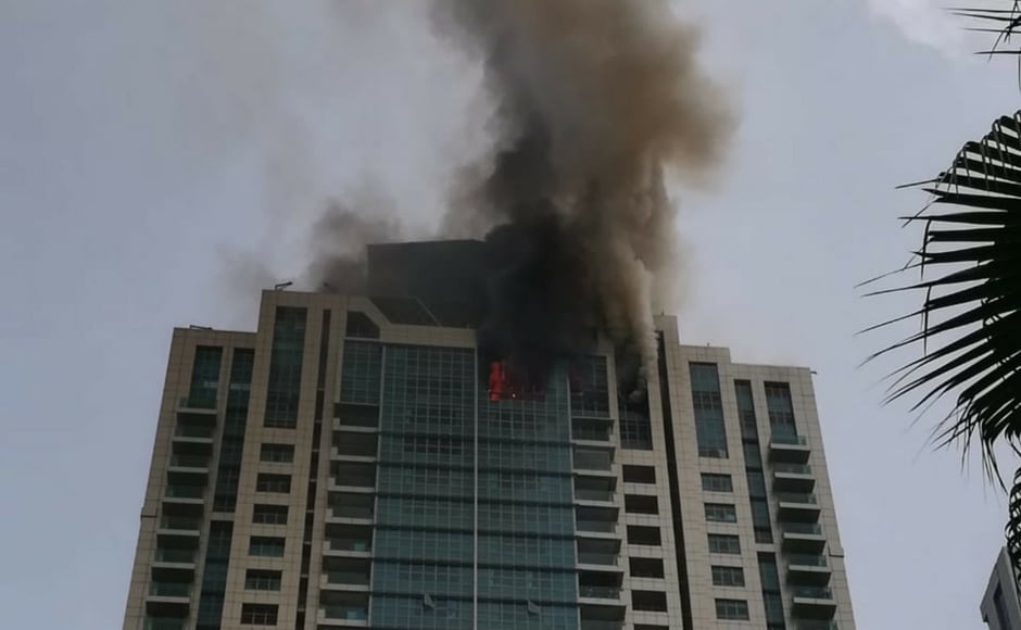 Mumbai Police said they are trying their best to douse the fire and provide necessary help to people there. The fire broke out on the 33rd floor of the building and the top two floors are badly affected. Image courtesy: Nevin Thomas Mumbai Police said they are trying their best to douse the fire and provide necessary help to people there. The fire broke out on the 33rd floor of the building and the top two floors are badly affected. Image courtesy: Nevin Thomas