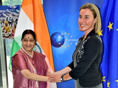 Sushma Swaraj meets her EU counterpart Federica Mogherini. Twitter/@MEAIndia