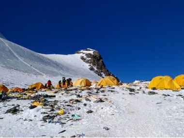 Discarded climbing equipment and rubbish scattered around Camp 4 of Mount Everest. AFP