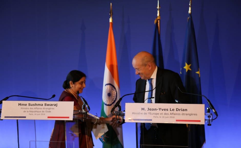 Swaraj and her French counterpart Jean-Yves Le Drian agreed that India and France will work to shape a strong development partnership, in the fields of smart urbanisation, science and technology, clean energy, transportation, and infrastructure sectors on Tuesday. Twitter/@MEAIndia Swaraj and her French counterpart Jean-Yves Le Drian agreed that India and France will work to shape a strong development partnership, in the fields of smart urbanisation, science and technology, clean energy, transportation, and infrastructure sectors on Tuesday. Twitter/@MEAIndia