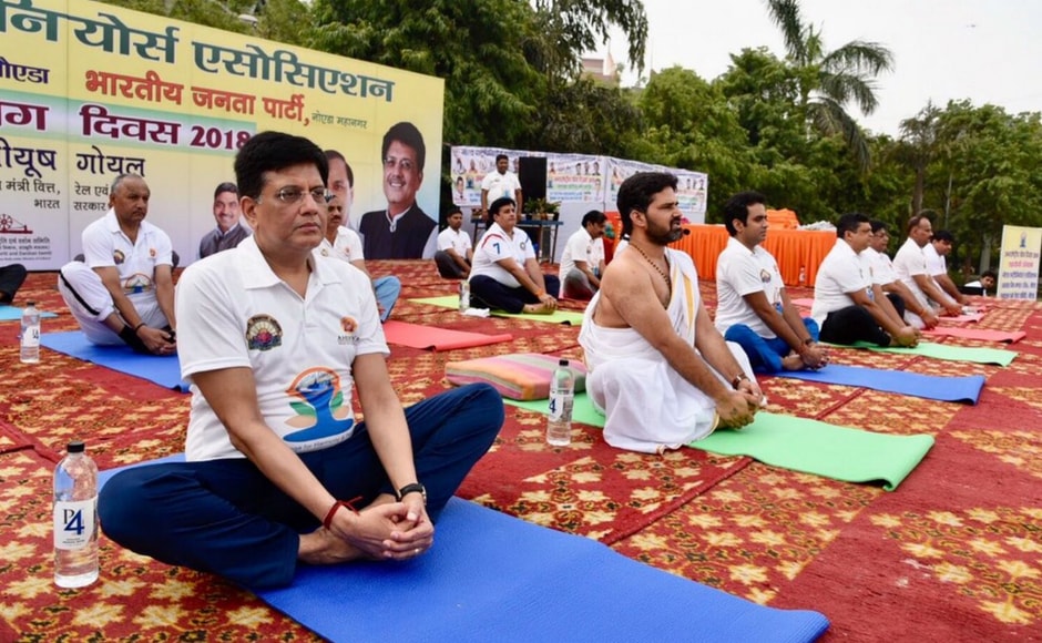 Participating at an event in Noida, Union minister Piyush Goyal urged everyone to take a pledge to practice yoga every day to achieve a better physical, mental and spiritual health. Twitter/@PIB_India Participating at an event in Noida, Union minister Piyush Goyal urged everyone to take a pledge to practice yoga every day to achieve a better physical, mental and spiritual health. Twitter/@PIB_India