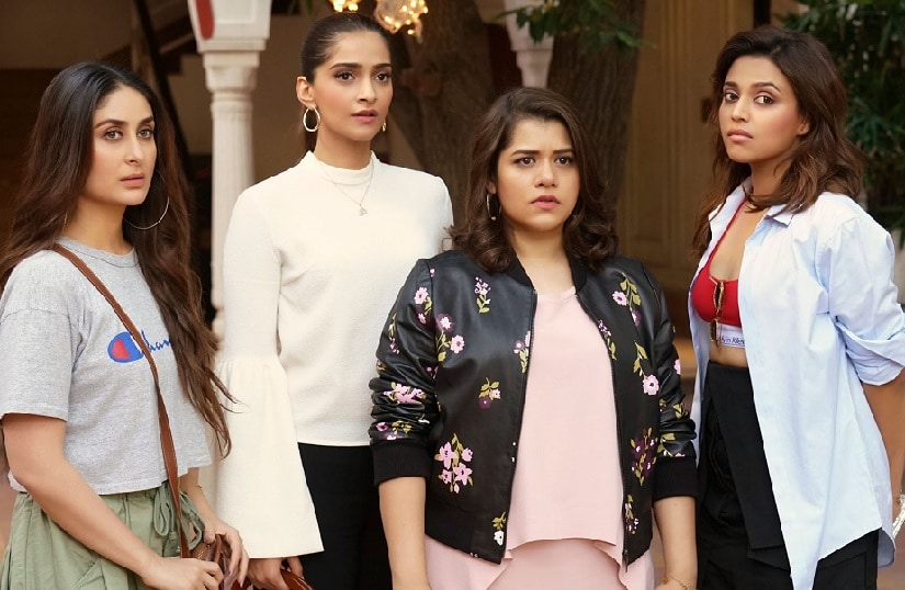 Kareena Kapoor Khan, Sonam Kapoor, Shikha Talsania and Swara Bhaskar in a still from Veere di Wedding. Image via Twitter