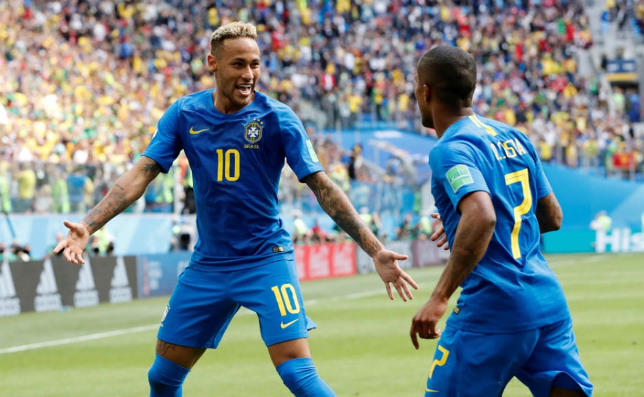 razil's Neymar celebrates scoring their second goal with Douglas Costa. Reuters razil's Neymar celebrates scoring their second goal with Douglas Costa. Reuters
