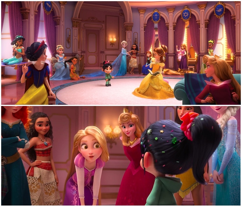 Vanellope sneaks into a dressing room full of Disney Princesses. Images from trailer