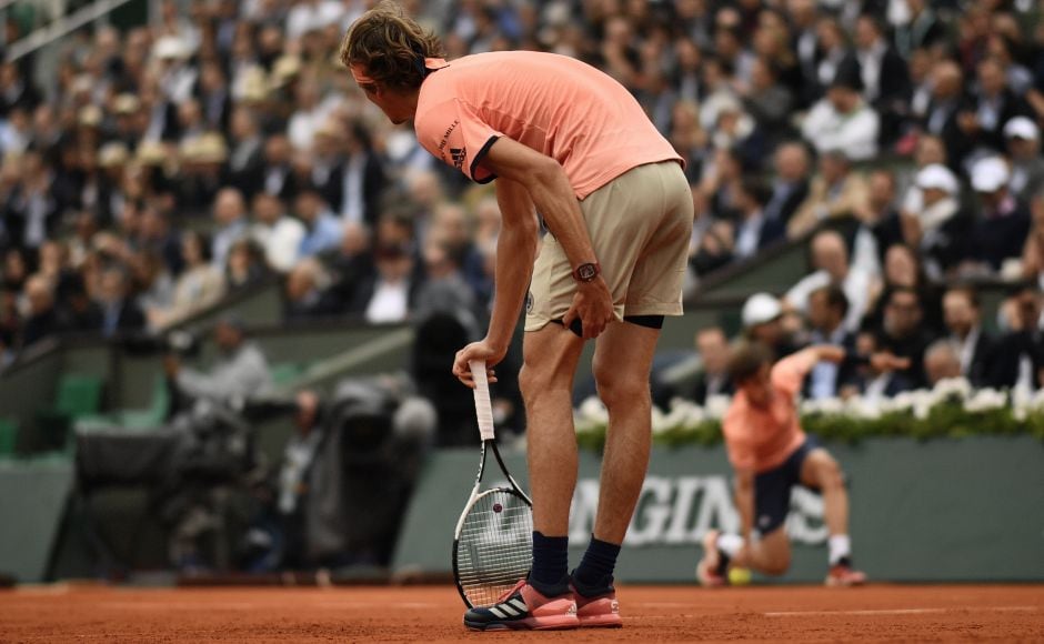 Zverev suffered a thigh injury in the second set which hampered his movement in the third set as Thiem won the match in three sets. AFP Zverev suffered a thigh injury in the second set which hampered his movement in the third set as Thiem won the match in three sets. AFP