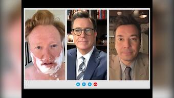 Late-night TV hosts Stephen Colbert, Conan O'Brien, Jimmy Fallon team up for a sketch to respond to Donald Trump