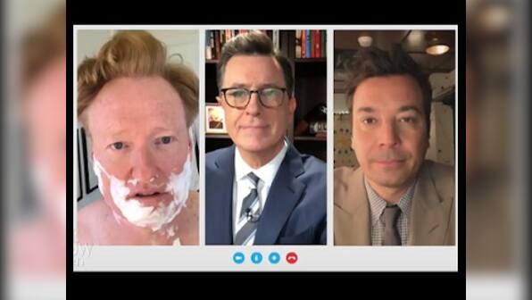 Late-night TV hosts Stephen Colbert, Conan O'Brien, Jimmy Fallon team up for a sketch to respond to Donald Trump