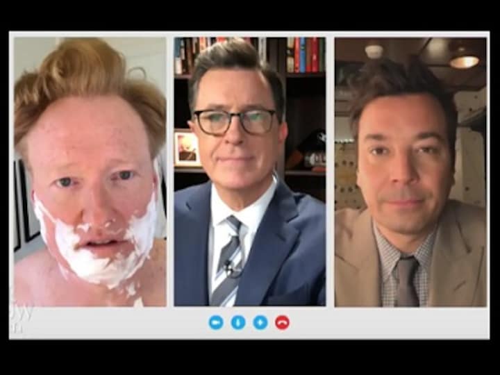Late-night TV hosts Stephen Colbert, Conan O'Brien, Jimmy Fallon team up for a sketch to respond to Donald Trump