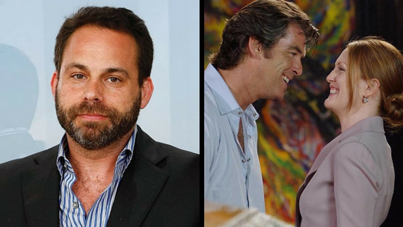 David Bergstein (left) and a still from Laws of Attraction starring Pierce Brosnan and Julianne Moore. Images via Twitter and IMDb