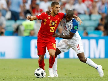 Belgium's Eden Hazard and Panama's Armando Cooper fight for the ball during the group G match at the Fisht Stadium in Sochi. AP