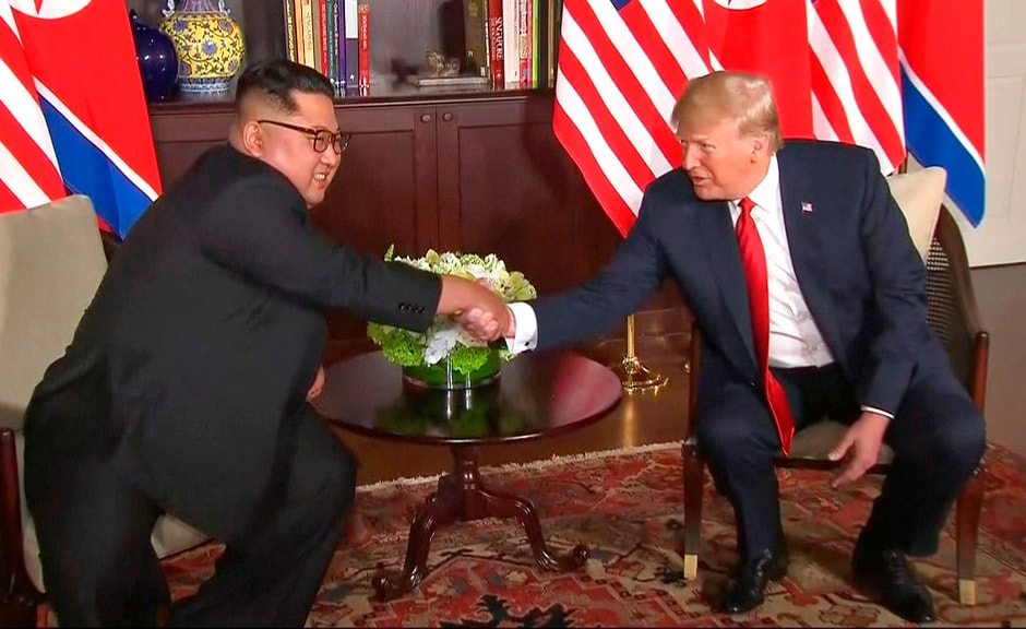 Donald Trump and Kim Jong-un shake hands for a third time as they sit down to talk on the sidelines of the Korea peace summit. AP Donald Trump and Kim Jong-un shake hands for a third time as they sit down to talk on the sidelines of the Korea peace summit. AP