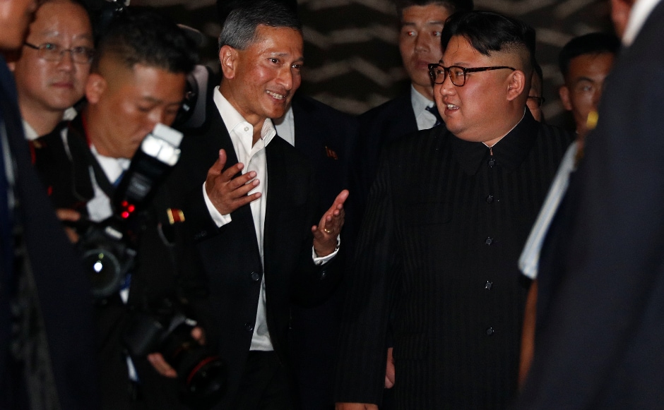 Singapore's Foreign Minister Vivian Balakrishnan greets Kim Jong-un upon his arrival in Singapore on Monday. Reuters Singapore's Foreign Minister Vivian Balakrishnan greets Kim Jong-un upon his arrival in Singapore on Monday. Reuters