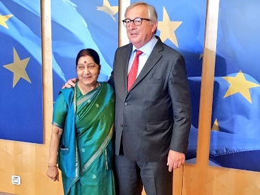EAM Sushma Swaraj with President of European Commission Jean-Claude Juncker in Belgium. Image Courtesy: Twitter/@MEAIndia