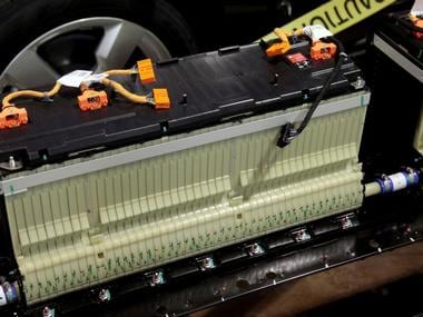 A section of the lithium-ion battery pack from a Chevrolet Volt electric vehicle is viewed at a design studio in Troy, Michigan. Reuters