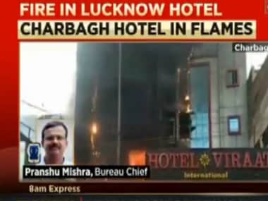 The front Hotel Viraat International in Lucknow, damaged by fire. Courtesy: Twitter/@News18