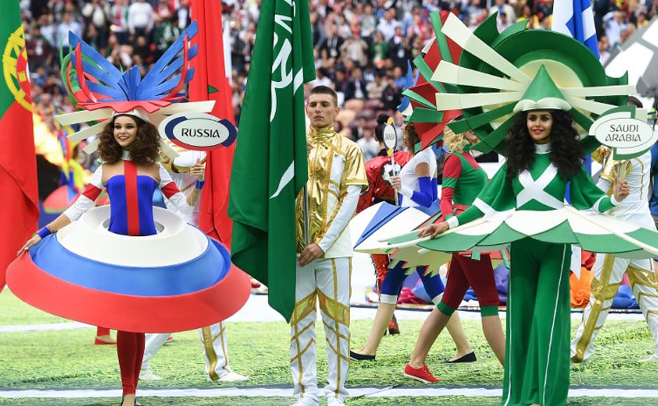 Actresses sporting the colours of Russia and Saudi Arabia perform during the Russia World Cup opening ceremony before the tournament's first match between Russia and Saudi Arabia on 14 June, 2018 at Moscow’s Luzhniki Stadium. AFP Actresses sporting the colours of Russia and Saudi Arabia perform during the Russia World Cup opening ceremony before the tournament's first match between Russia and Saudi Arabia on 14 June, 2018 at Moscow’s Luzhniki Stadium. AFP