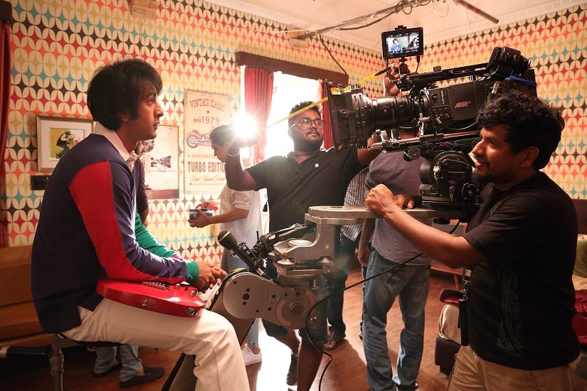 Actor Ranbir Kapoor and cinematographer Ravi Varman on the sets of Sanju.