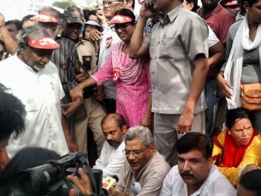 CPM general secretary Sitaram Yechury also participated in the protest organised by AAP against the L-G in Delhi on Sunday. Image courtesy: Twitter/@cpimspeak