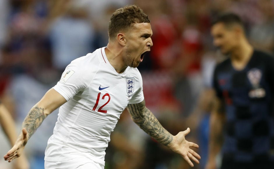 Kieran Tripper celebrates after getting England into the lead with a superb free-kick in the fifth minute. AP Kieran Tripper celebrates after getting England into the lead with a superb free-kick in the fifth minute. AP