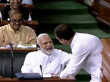 Rahul Gandhi interacts with Prime Minister Narendra Modi after his speech in Lok Sabha on Friday. PTI