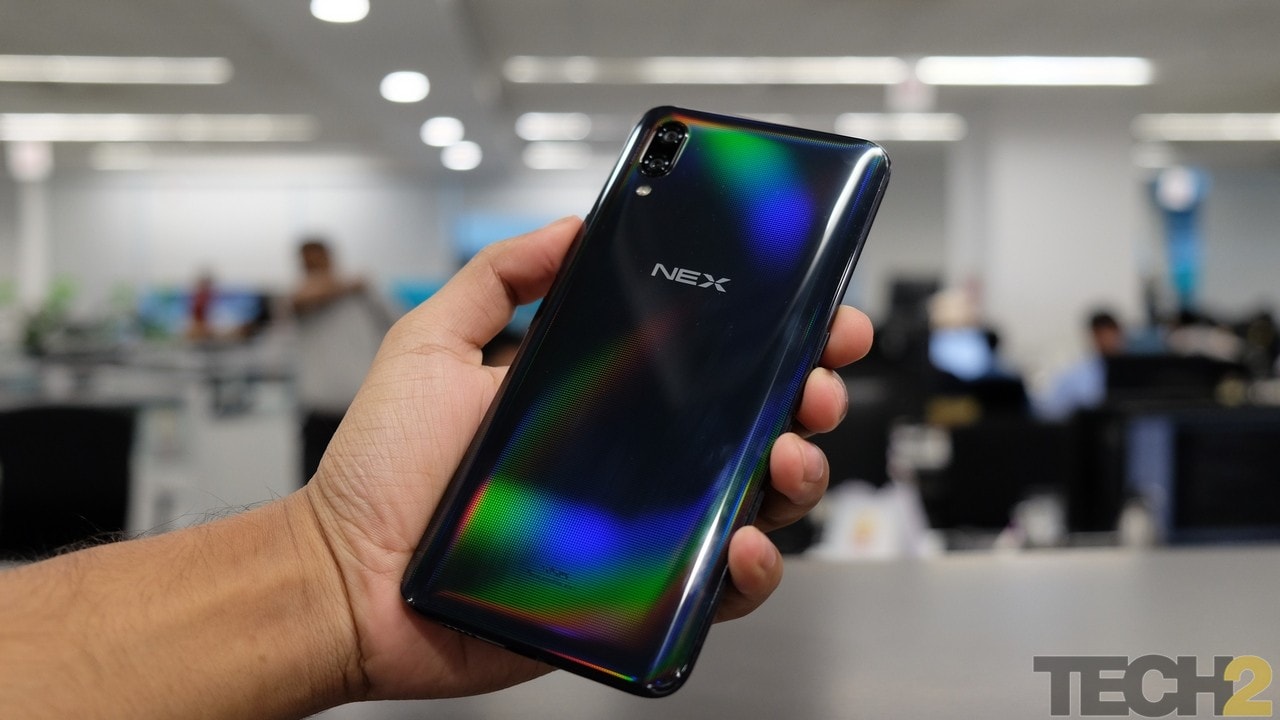 The phone has a very premium looking backside with a rainbow like reflection. The NEX has a massive 91.24 percent screen-to-body ratio and no notch. Image: Amrita Rajput/tech2