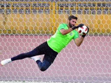   Brazilian goaltender Alisson attends a training session before their quarter-finals of the World Cup against Belgium. AFP 