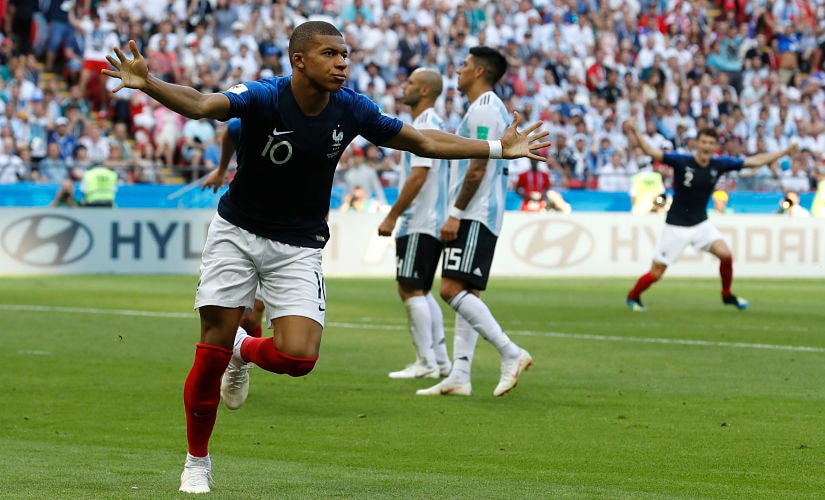 France's Kylian Mbappe celebrates after scoring his side's third goal during the round of 16 match between France and Argentina, at the 2018 soccer World Cup at the Kazan Arena in Kazan, Russia, Saturday, June 30, 2018. (AP Photo/David Vincent)