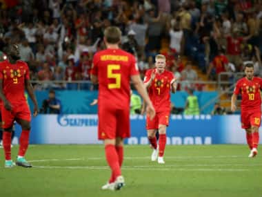 Belgium’s Kevin De Bruyne, Romelu Lukaku (L), Eden Hazard (R) and Jan Vertonghen (front). Reuters