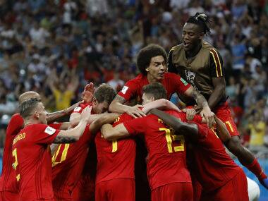 Belgium's players celebrate Nacer Chadli's goal against Japan. AP 