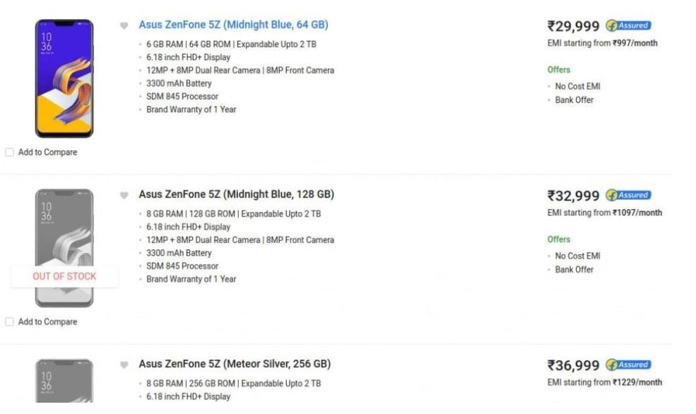 ZenFone 5Z listing on Flipkart. GadgetsNow