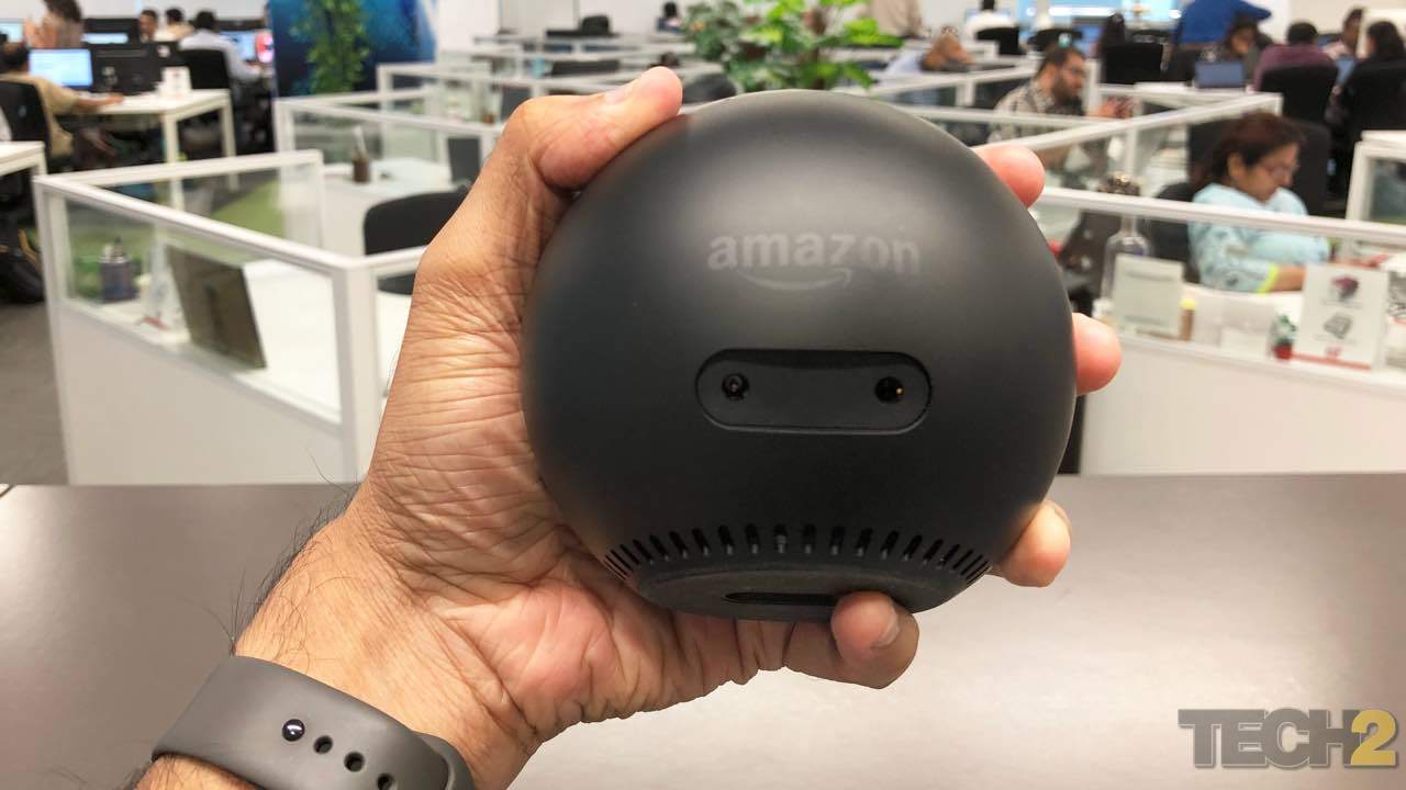 The Amazon Echo Spot has a power power and an audio-out on the rear. Image: tech2/Nimish Sawant