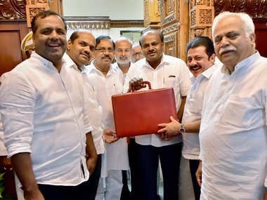 Karnataka Chief Minister HD Kumaraswamy with his ministers arrive to present the Congress-JD(S) coalition government's maiden budget. PTI