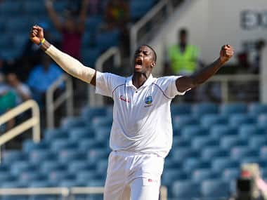 Jason Holder of Windies celebrates taking 5 Bangladesh wickets for 44 runs during day 2 of the 2nd Test at Sabina Park. AFP