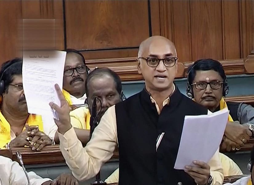 TDP MP Jayadev Galla in the Parliament on Friday. PTI