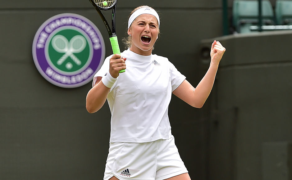 Jelena Ostapenko reached her first Wimbledon semi-final after beating Dominika Cibulkova 7-5, 6-4. AFP / Glyn Kirk Jelena Ostapenko reached her first Wimbledon semi-final after beating Dominika Cibulkova 7-5, 6-4. AFP / Glyn Kirk