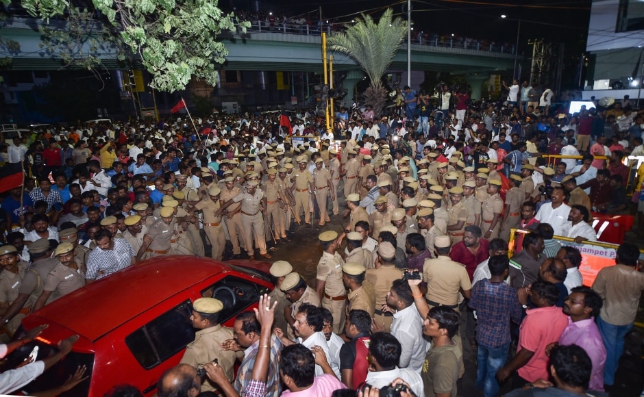 The police had to use lathicharge to control the swelling crowd of DMK workers and supporters who had gathered outside Kauvery Hospital. PTI The police had to use lathicharge to control the swelling crowd of DMK workers and supporters who had gathered outside Kauvery Hospital. PTI