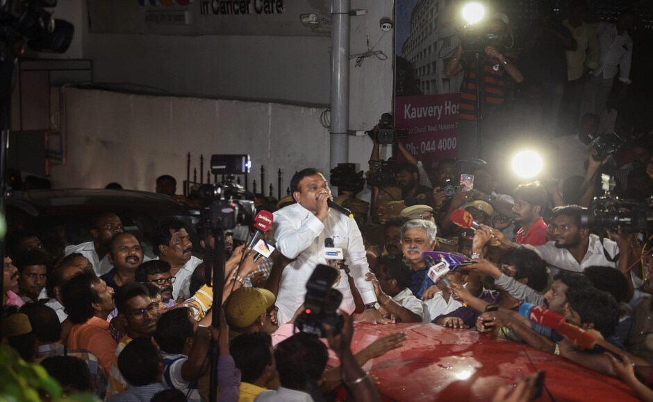 Senior DMK leader A Raja spoke to the supporters gathered outside the hospital on Sunday evening, encouraging them to maintain calm since the DMK chief was stable and recovering. PTI Senior DMK leader A Raja spoke to the supporters gathered outside the hospital on Sunday evening, encouraging them to maintain calm since the DMK chief was stable and recovering. PTI