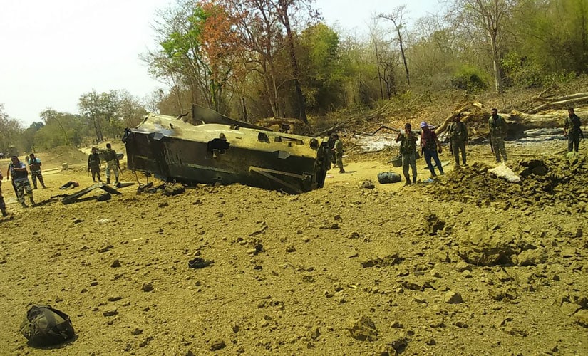 Sukma attack in which a high intensity IED blast on a blacktop road blew off an CRPF MPV and turned entire area into a ruin. Photo procured by Firstpost/Debobrat Ghose