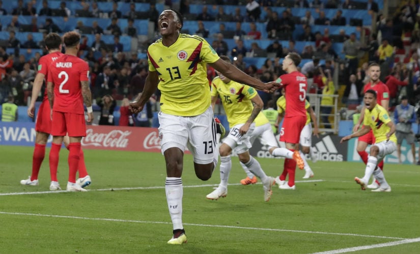   The Colombian Yerry Mina celebrates after scoring against England at round 16 tie. AP 