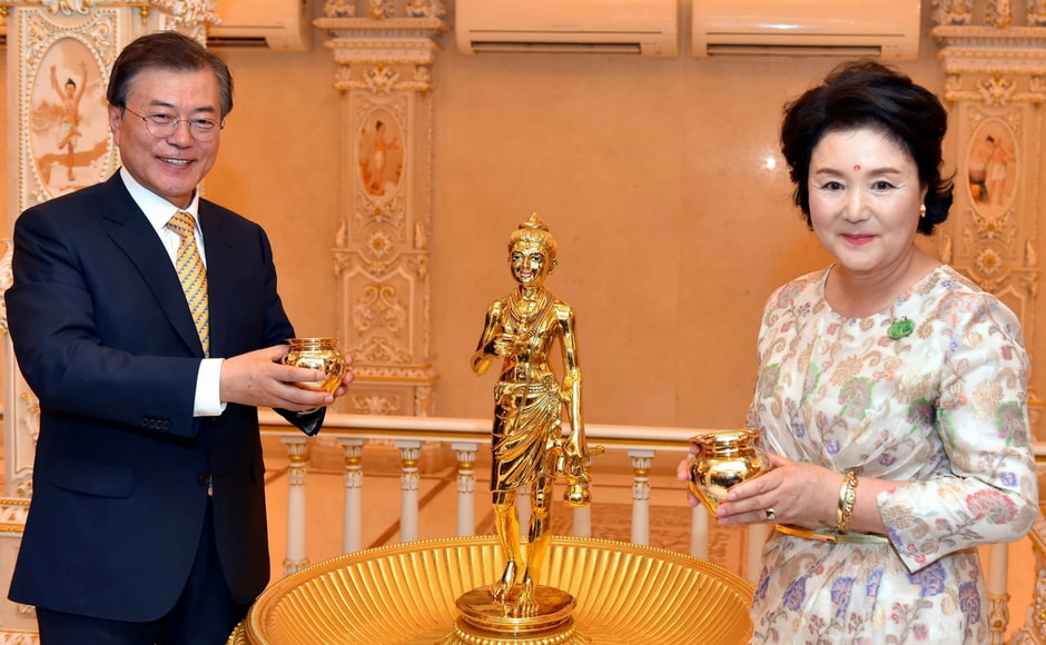 The South Korean president along with the first lady visited the Akshardham Temple in New Delhi. He is expected to hold talks with Prime Minister Narendra Modi on Tuesday regarding the Korean peninsula, and ways to boost trade and defence cooperation among other things. PTI The South Korean president along with the first lady visited the Akshardham Temple in New Delhi. He is expected to hold talks with Prime Minister Narendra Modi on Tuesday regarding the Korean peninsula, and ways to boost trade and defence cooperation among other things. PTI