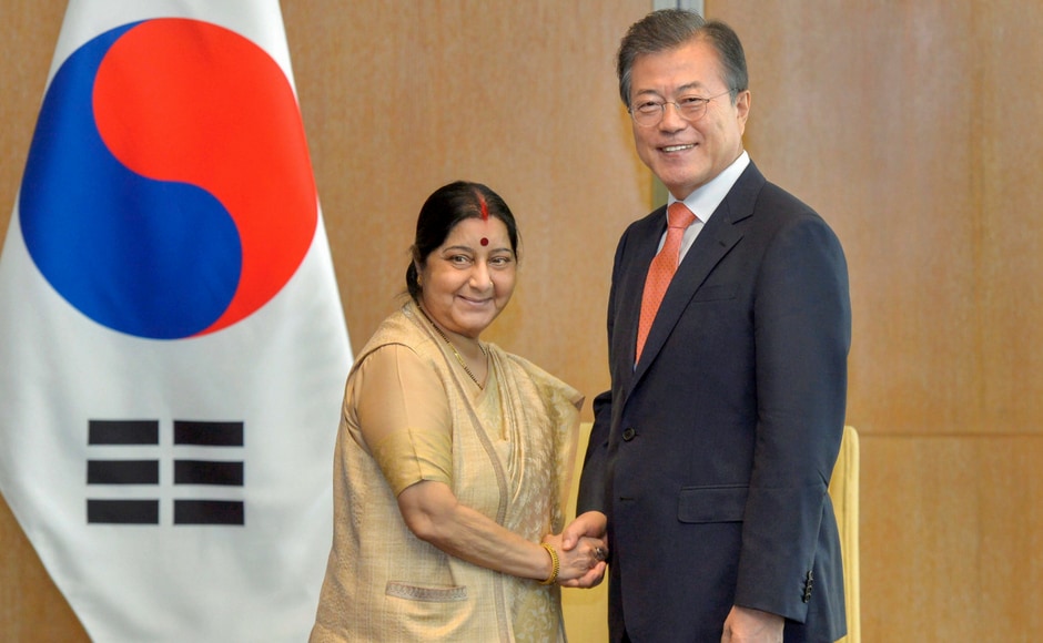On the second day of his visit to India, the president met with External Affairs Minister Sushma Swaraj. Moon along with Modi will also visit a plant of electronics giant Samsung in Nodia in Uttar Pradesh today to inaugurate the set-up. PTI On the second day of his visit to India, the president met with External Affairs Minister Sushma Swaraj. Moon along with Modi will also visit a plant of electronics giant Samsung in Nodia in Uttar Pradesh today to inaugurate the set-up. PTI