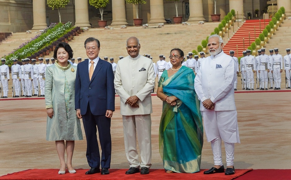 Earlier in the day, Moon was accorded a ceremonial welcome at the Rashtrapati Bhavan by President Ram Nath Kovind and the prime minister. PTI Earlier in the day, Moon was accorded a ceremonial welcome at the Rashtrapati Bhavan by President Ram Nath Kovind and the prime minister. PTI