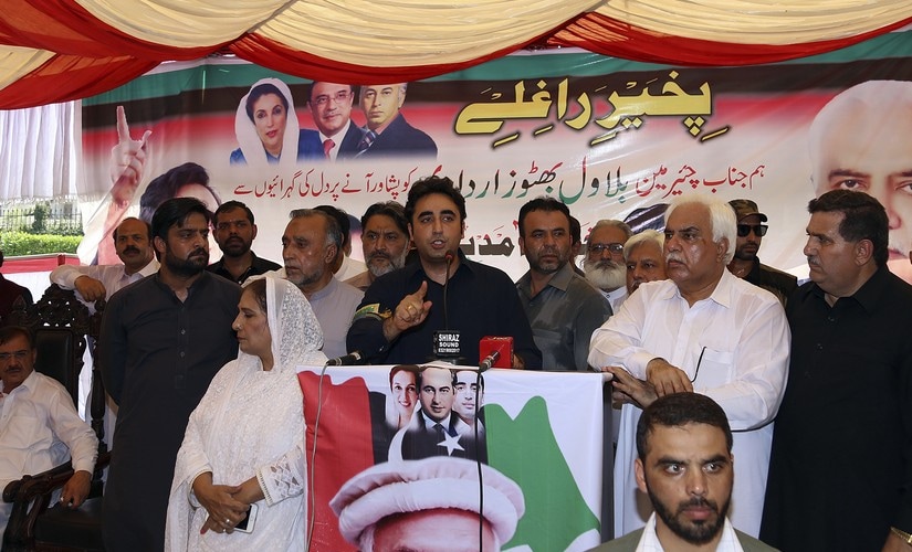 PPP's Bilawal Bhutto Zardari addresses his supporters in Peshawar. AP