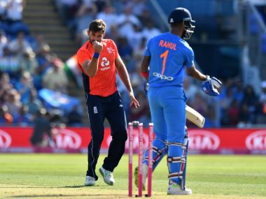   The Englishman Liam Plunkett celebrates after the match on Friday against KL Rahul. AFP 