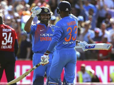 Rohit Sharma and Hardik Pandya celebrate after India's win in the third T20I match against England at Bristol. AP