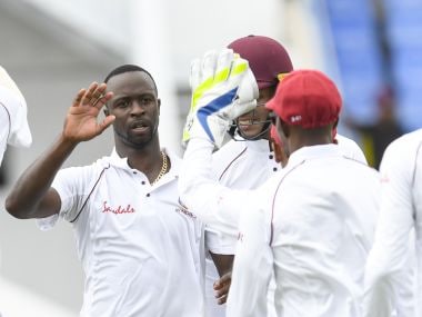   Kemar Roach (L) took five wickets for eight points in the first innings of the test against Bangladesh. AFP 