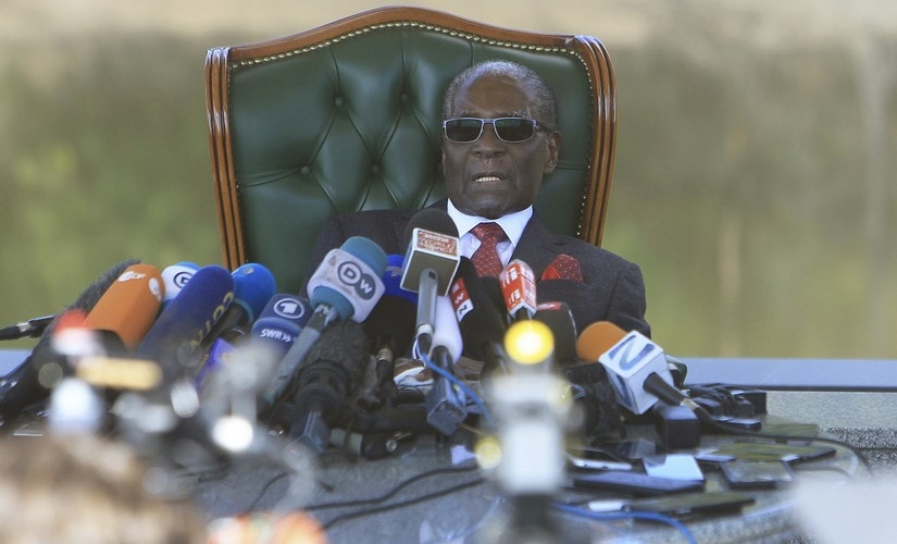 Former Zimbabwean -president Robert Mugabe at a press briefing at his residence in Harare ahead of election. AP