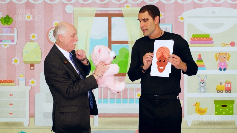 Cohen's Erran Morad (R) and Philip Van Cleave advertise a made-up guns-for-kids program. Image via Hotstar