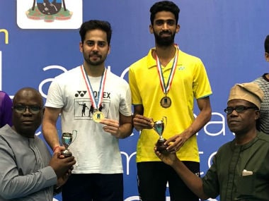 Manu Attri and Sumeeth Reddy pose after winning the men's doubles title. Twitter: @buss_reddy