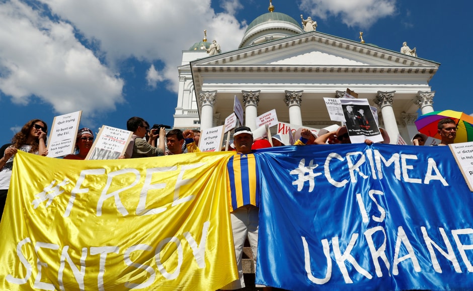 Russia's annexation of Crimea was also brought out by the protesters in Helsinki. Reuters Russia's annexation of Crimea was also brought out by the protesters in Helsinki. Reuters